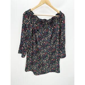 Lucky Brand Dress Women XS Black Multi Off Shoulder Ditsy Floral Long Sleeve